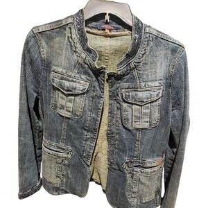VERTIGO JEANS Women's Denim Jacket Embellished‎ Collar Military Style Blue XL